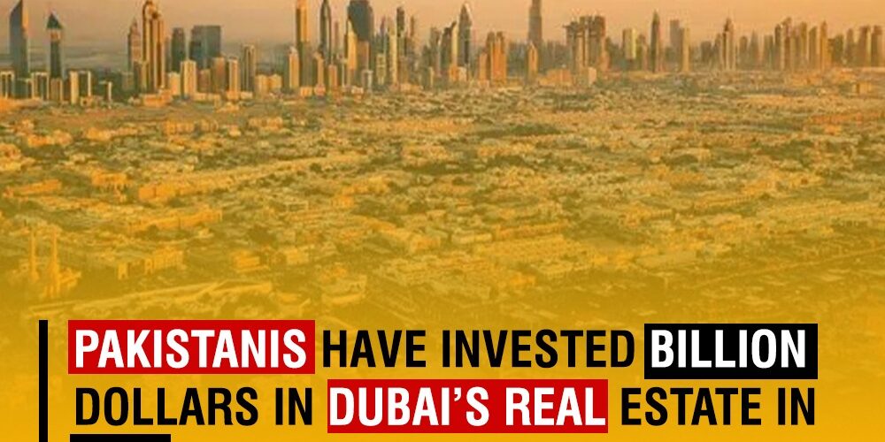 Pakistani flag waving in front of Dubai skyline, symbolizing Pakistani investments in Dubai's real estate market in 2021.