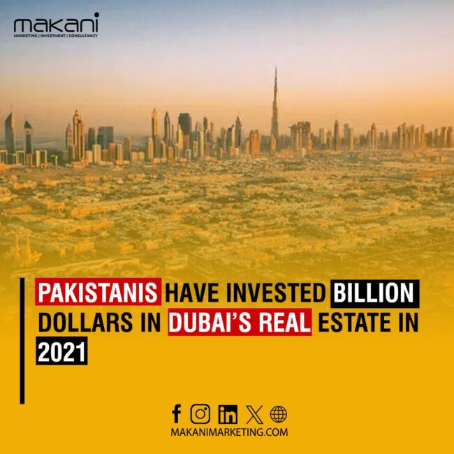 Pakistani flag waving in front of Dubai skyline, symbolizing Pakistani investments in Dubai's real estate market in 2021.