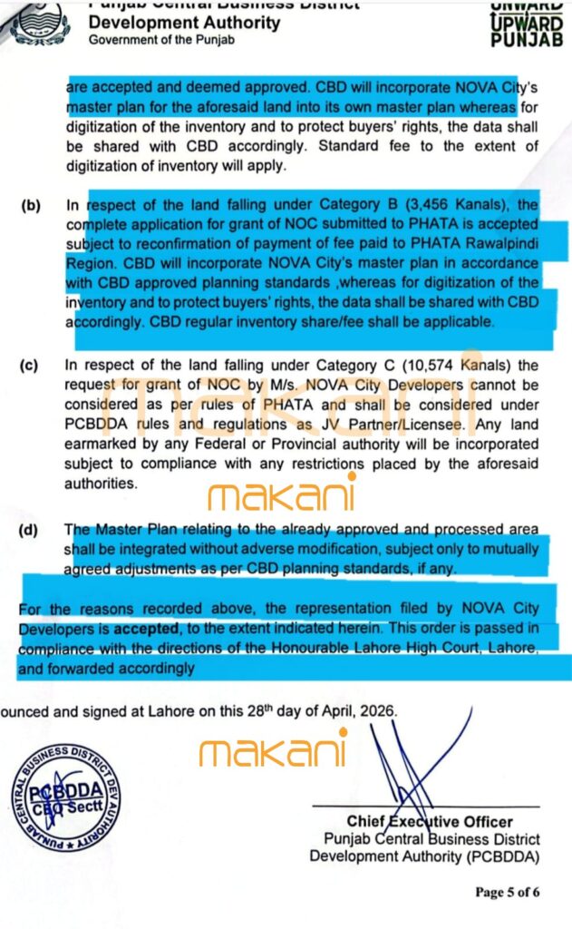 Lahore High Court Nova City Islamabad NOC Extension Approval Letter (3,456 Kanal)