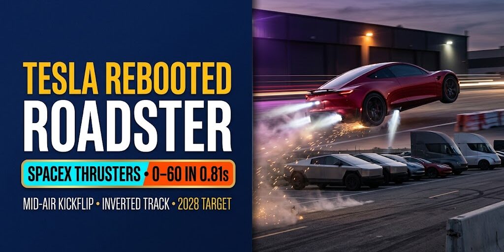 Rebooted Tesla Roadster Revealed SpaceX Thrusters, 0-60 in 0.81s & Mid-Air Kickflip Rebooted Tesla Roadster Revealed: SpaceX Thrusters, 0-60 in 0.81s & Mid-Air Kickflip