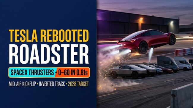 Rebooted Tesla Roadster Revealed SpaceX Thrusters, 0-60 in 0.81s & Mid-Air Kickflip Rebooted Tesla Roadster Revealed: SpaceX Thrusters, 0-60 in 0.81s & Mid-Air Kickflip